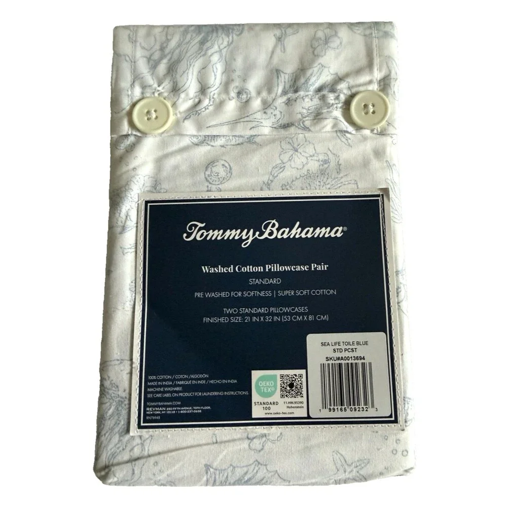 Tommy Bahama Sea Life Toile Blue Standard Pillowcases 100% Cotton Set of 2